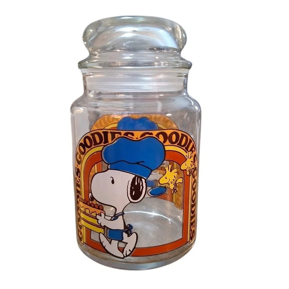 VTG Goodies Peanuts Snoopy Woodstock Glass Chef Cookie Candy Jar Schulz 1965